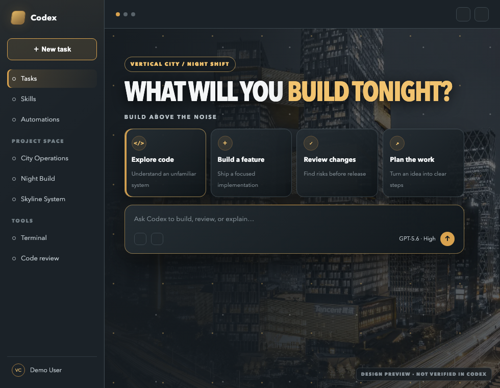 Vertical City Night Codex theme preview